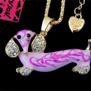 Pink Enamel Dachshund, Clear Crystal Ears & Feet